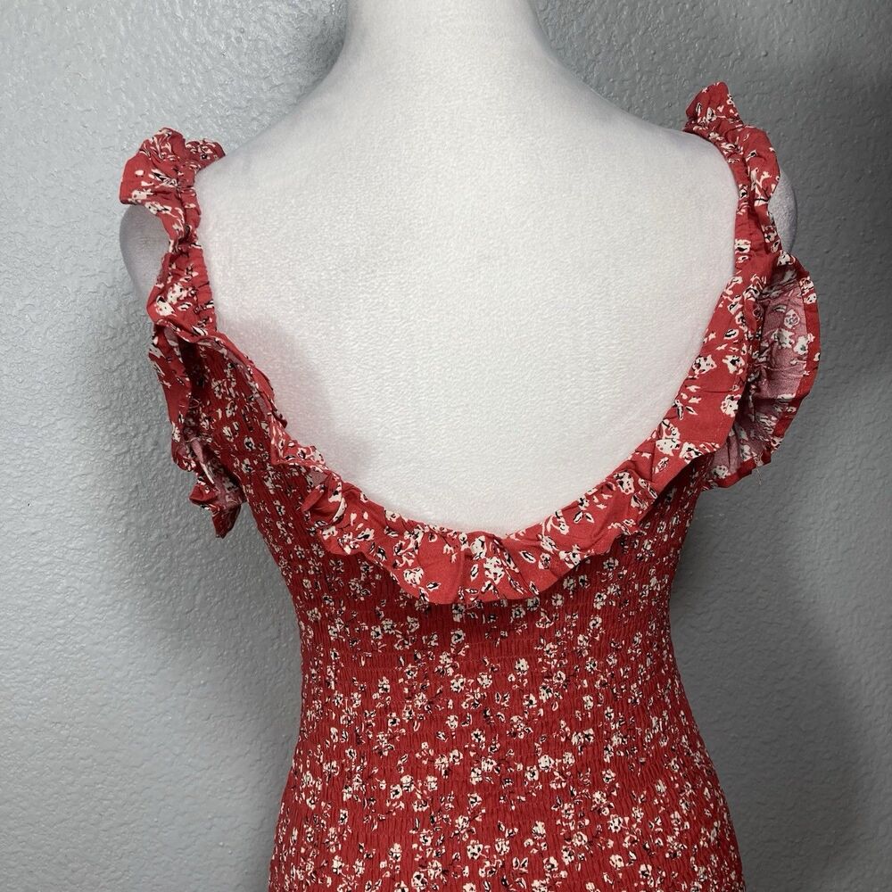 Y2K Smocked Mini Sun Dress XS Ruffle Strap Bodycon Red Cottage Boho Country - Picture 6 of 12